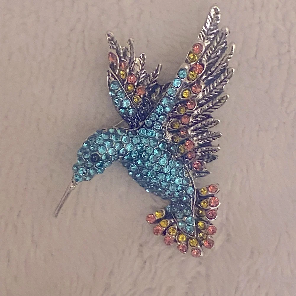 Blue Rhinestone Hummingbird Brooch